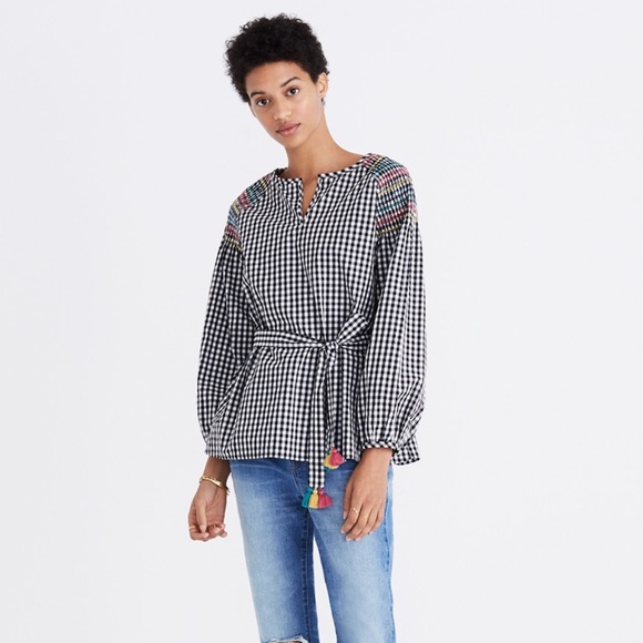 Madewell Smocked Gingham Top with tassel sash - Picture 2 of 8